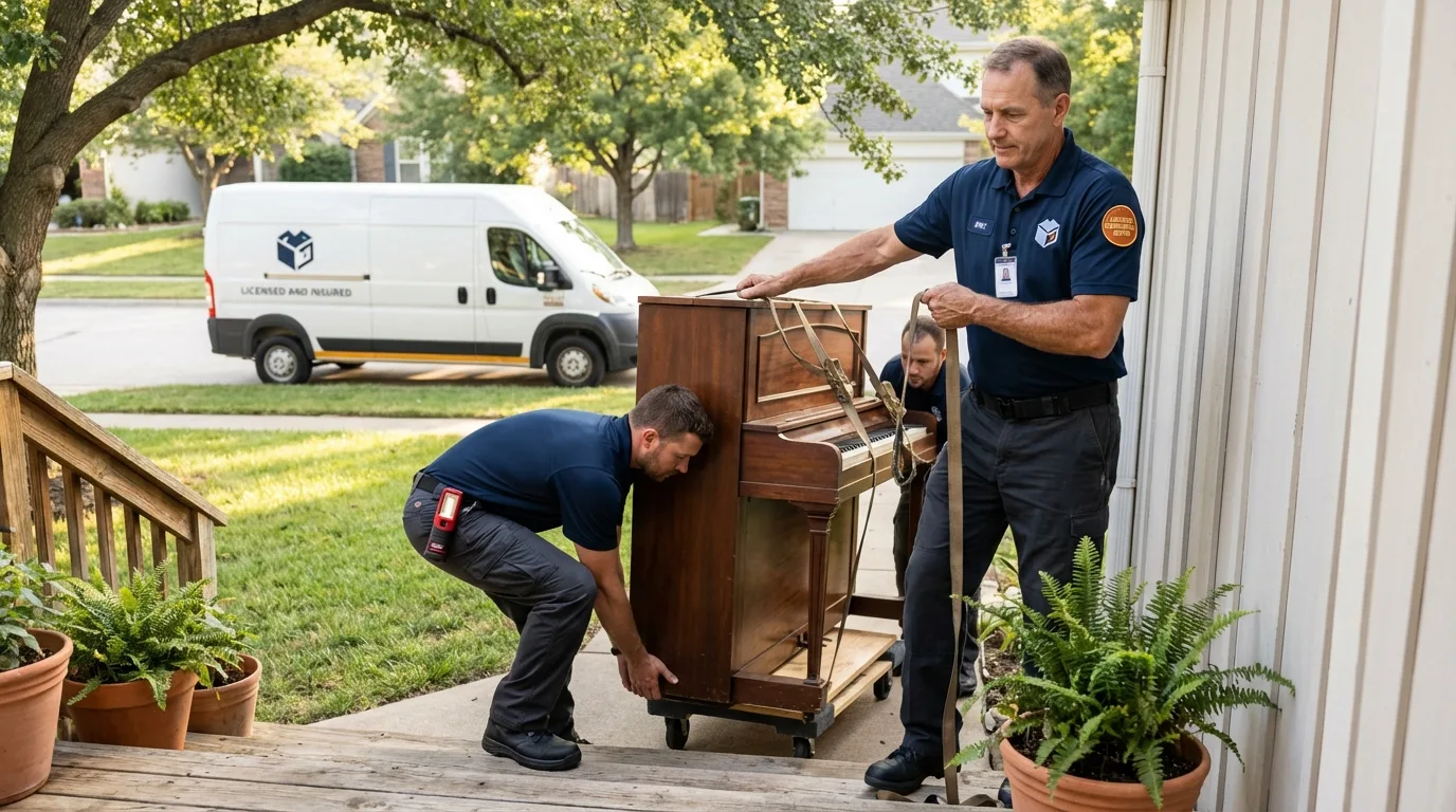 Licensed piano movers securing grand piano in Foothill Ranch, CA