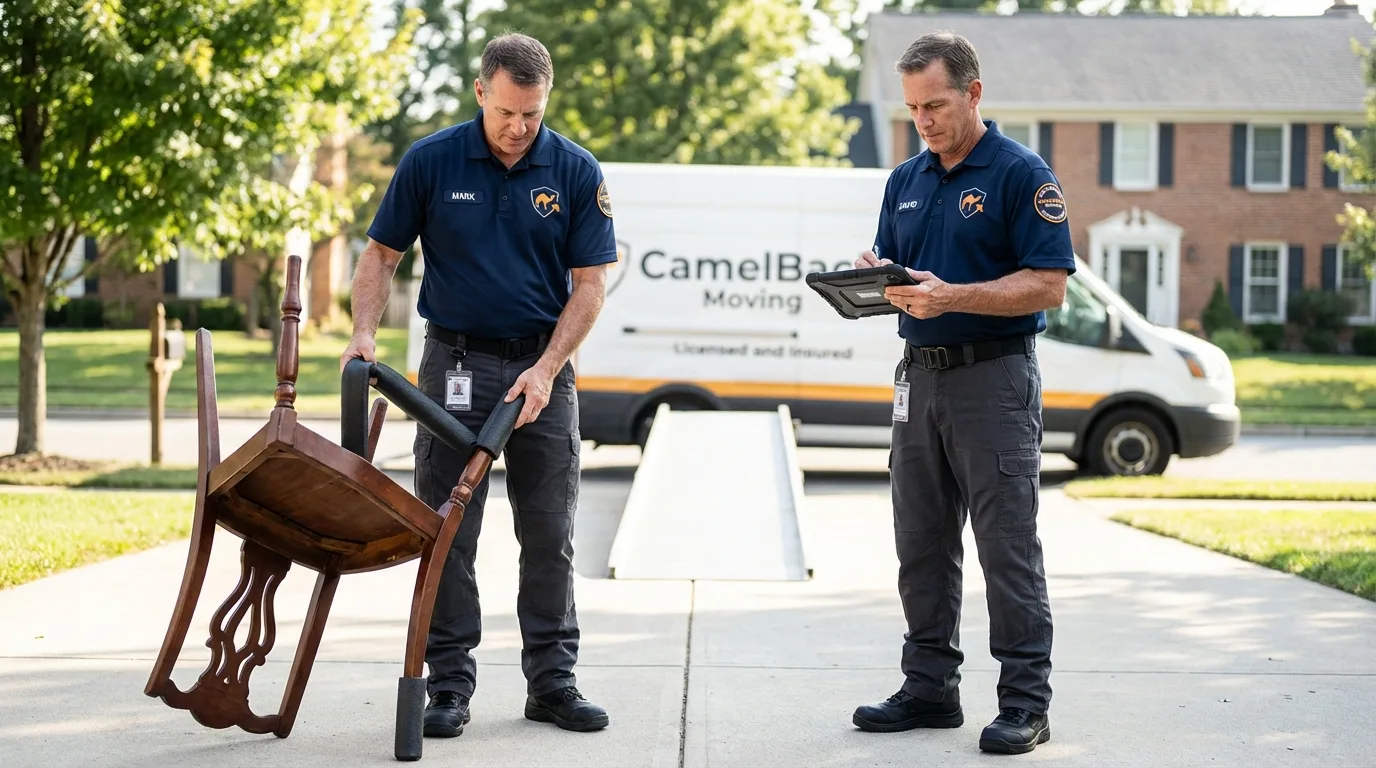 Movers inspecting furniture for damage prevention before loading in Foothill Ranch, CA