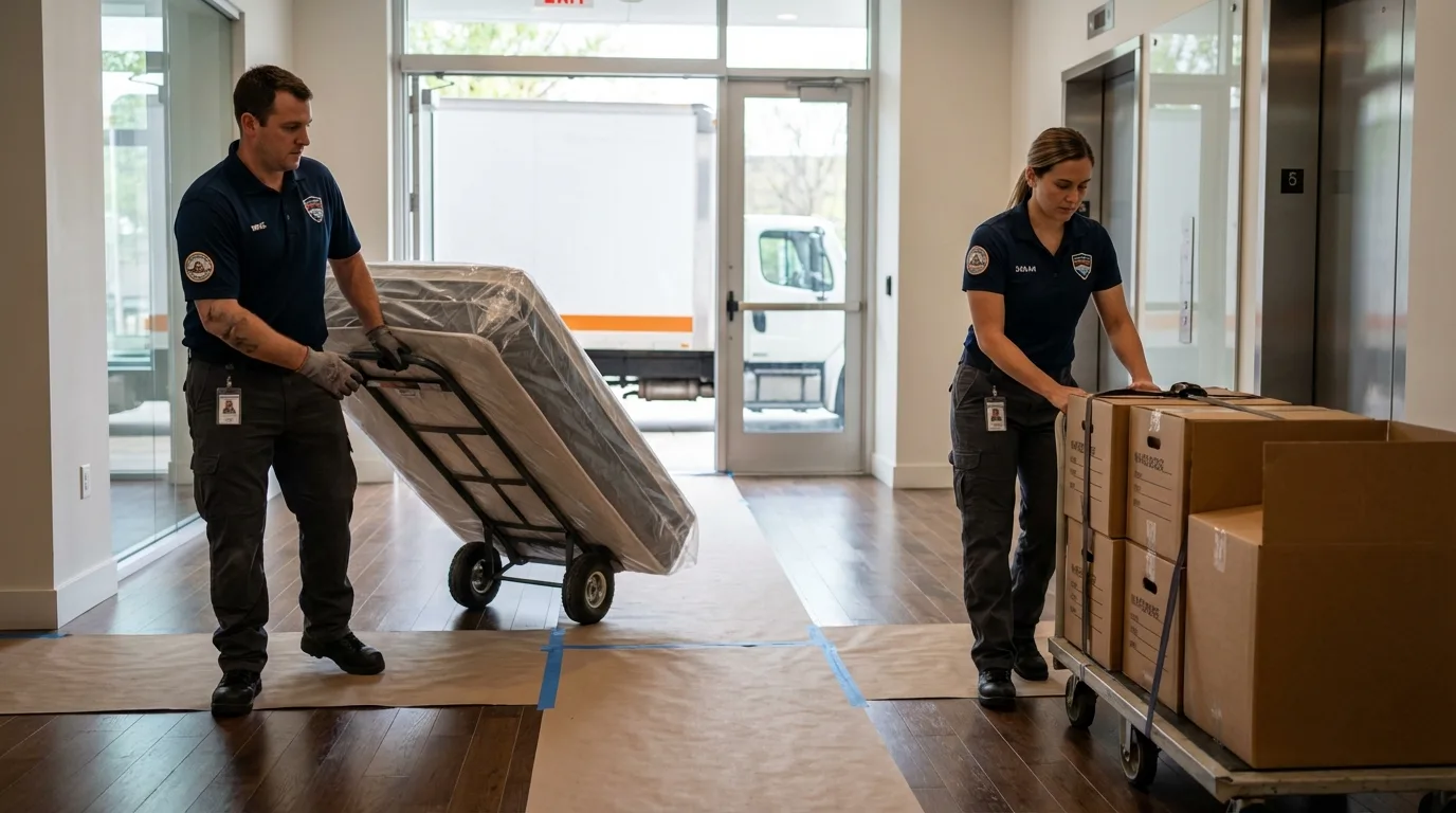 Professional apartment movers loading elevator in Foothill Ranch, CA